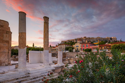 Remains of hadrian's library and acropolis in the old town of athens.