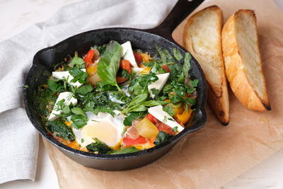 High angle view of breakfast served on table