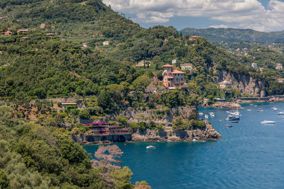 Panoramic overview of portofino seaside area and baia cannone, view from castello brown, italy
