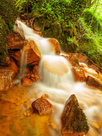 Water flowing through rocks in forest, ferric sediments mud