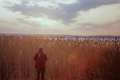 Rear view of man standing amidst plants on field against sky during sunset
