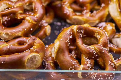 High angle view of pretzels in container