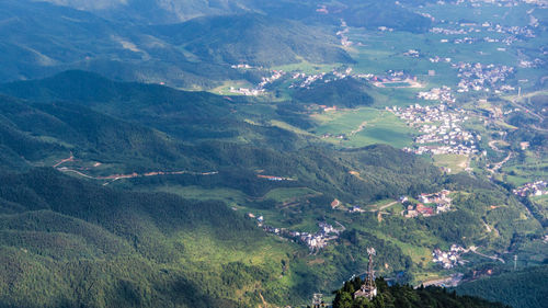 High angle view of landscape and mountains