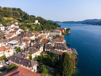 Aerial view of orta san giulio lake in piedmont, italy