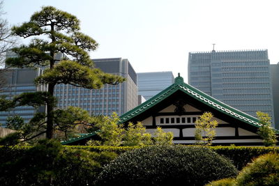 Houses by trees and buildings against sky