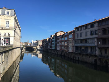 Bridge over river by buildings against sky in city