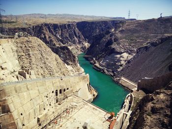 High angle view of incomplete dam at yellow river