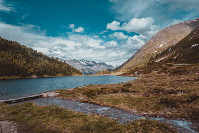 Scenic view of lake and mountains against sky