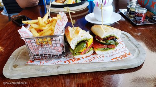 High angle view of food on table