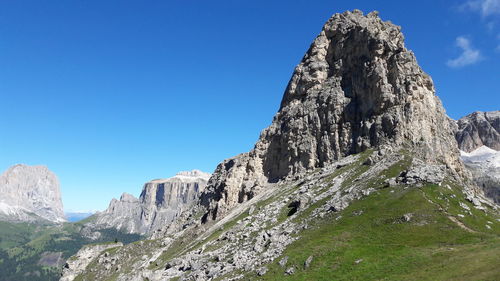 Scenic view of rocky mountains against clear blue sky