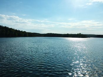 Scenic view of lake against cloudy sky