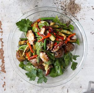 High angle view of salad in bowl on table