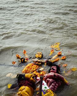 High angle view of man kayaking in sea