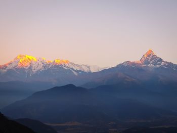 Scenic view of mountains against clear sky during winter