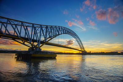 Bridge over river against sky during sunset