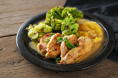 High angle view of food in plate on table