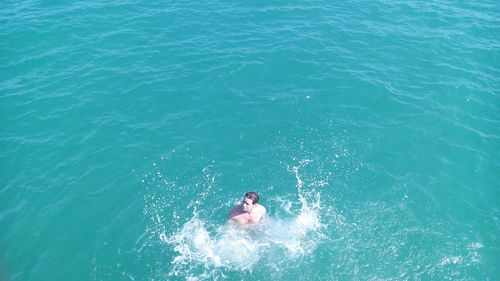 High angle view of man swimming in sea