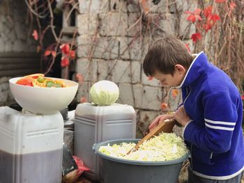 An eleven-year-old boy helps prepare sauerkraut for the winter in autumn