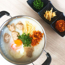 High angle view of food served on table