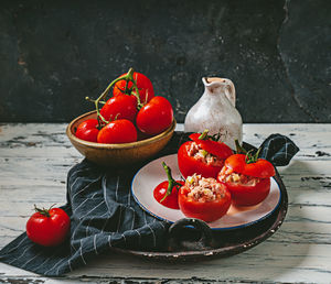 Close-up of fruits in plate on table