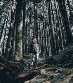 Full length of boy standing by tree trunk in forest