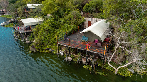 High angle view of boats in lake