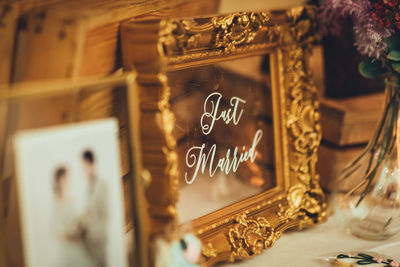 Close-up of text on table