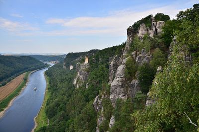 High angle view of river and rocky mountains against sky