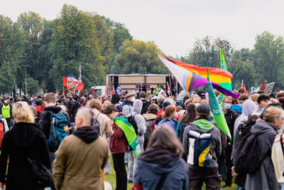 Group of people on flags in city