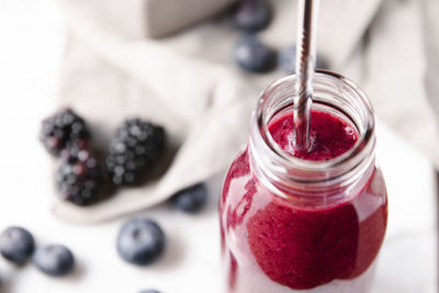 Close-up of ice cream in glass jar on table