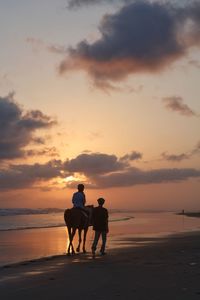 Rear view of men on beach against sky during sunset