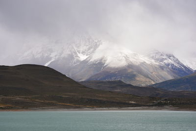 Scenic view of mountains and lake against sky