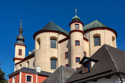 Low angle view of building against clear blue sky