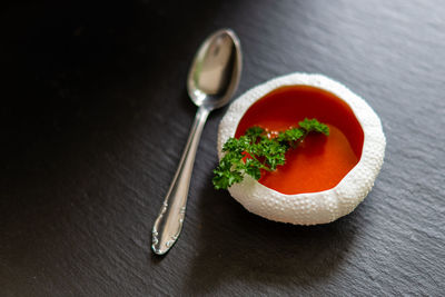 High angle view of vegetables in bowl on table