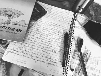 High angle view of book on table