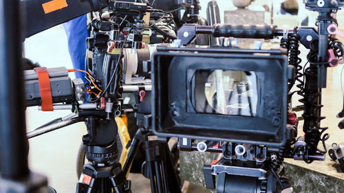 Close-up of camera in studio