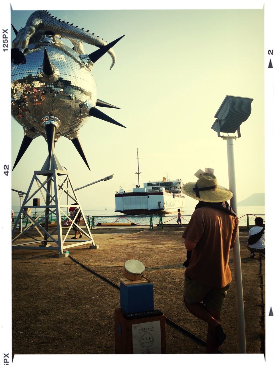 transfer print, auto post production filter, men, leisure activity, lifestyles, clear sky, sky, sea, water, rear view, chair, person, umbrella, beach, day, sitting, outdoors, nautical vessel