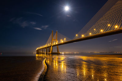 Illuminated suspension bridge at night