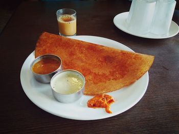 High angle view of breakfast served on table