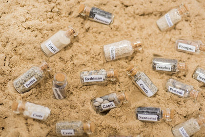 High angle view of wine bottles