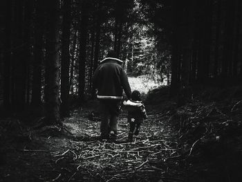 Rear view of people walking in forest