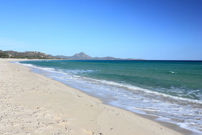 Scenic view of beach against clear blue sky