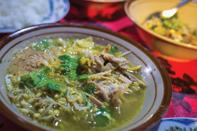 High angle view of soup in bowl