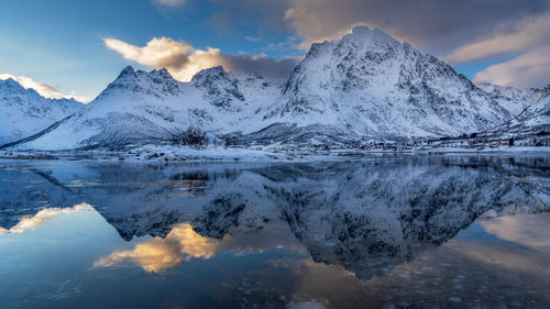 Scenic view of lake and snowcapped mountains against sky