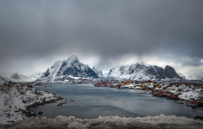 Scenic view of lake against sky during winter