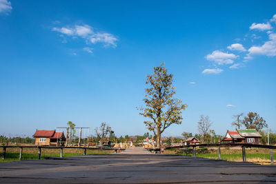 Empty road by trees and buildings against blue sky