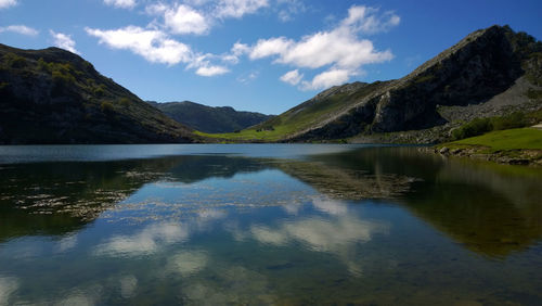 Scenic view of lake and mountains against sky