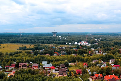 High angle view of buildings against sky