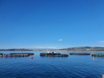 Sailboats in sea against blue sky