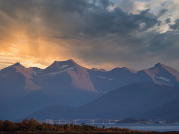 Scenic view of snowcapped mountains against sky during sunset